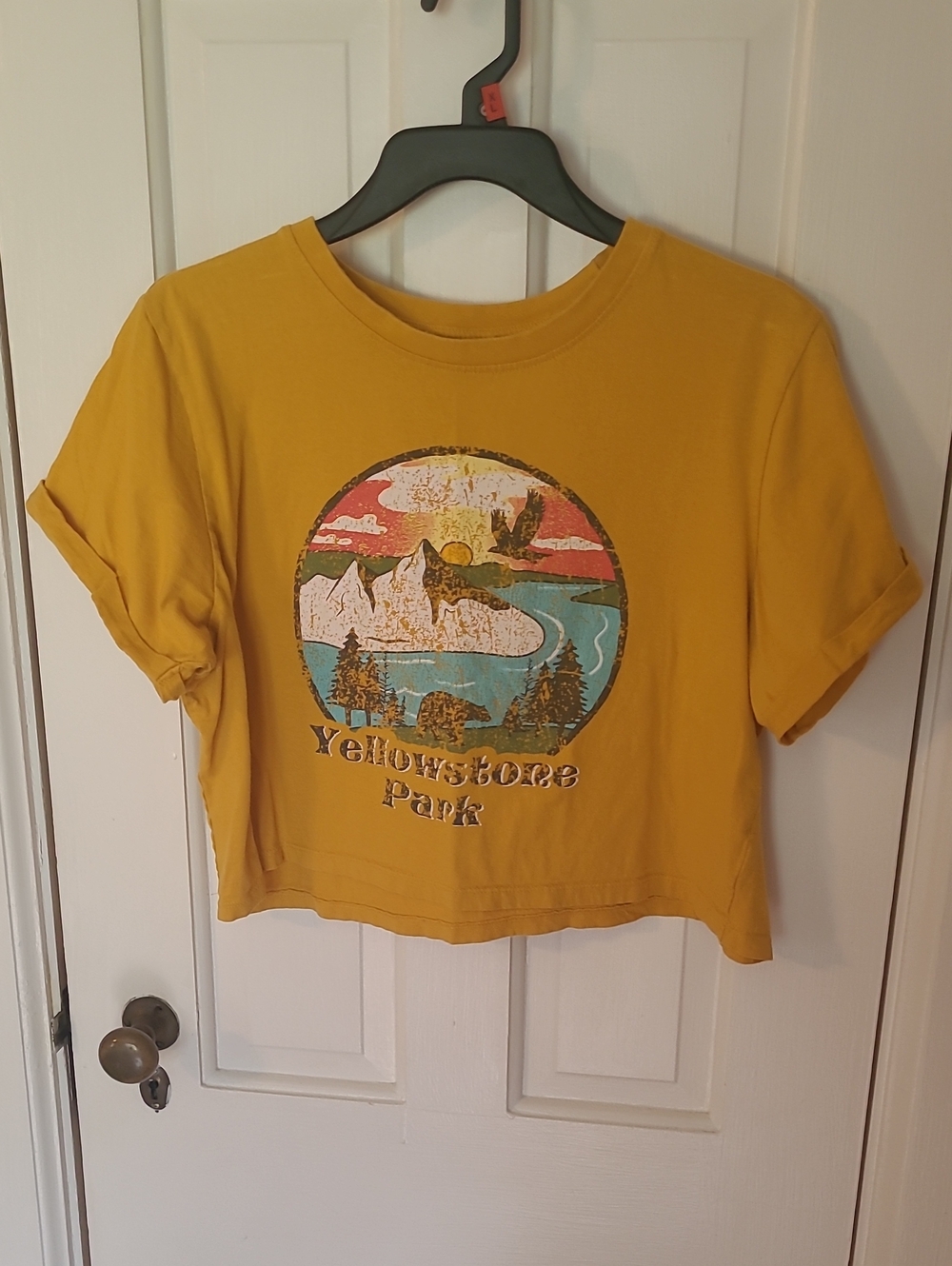 Mustard Graphic Yellowstone Park Crop Top Tee, Size M